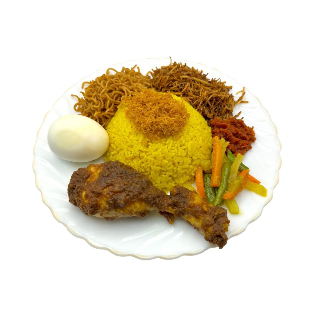 Street-food platter hero image with spiced rice bowl and grilled chicken, close-up